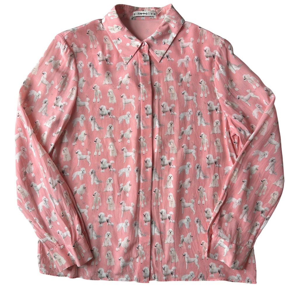 Alice + Olivia Willa Pink Poodle Dog Print Silk Blouse Shirt M Medium - Picture 2 of 10